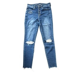 American Eagle Super Hi-Rise Jegging Distressed Button Fly Jeans Blue 8 Long